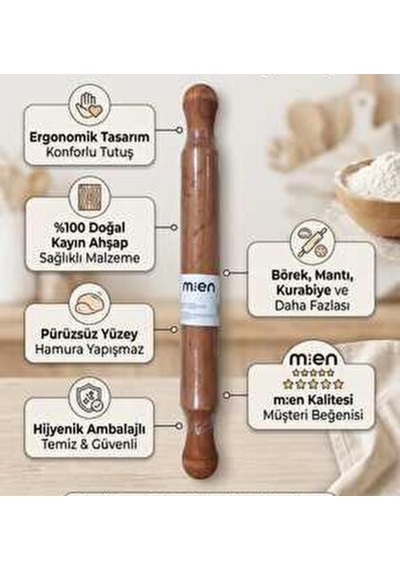 Doğal Ahşap Merdane 38 Cm, Profesyonel Kalın Hamur Ve Pizza Açma Merdanesi Pürüzsüz Yüzeyli Masif Tahta Merdane