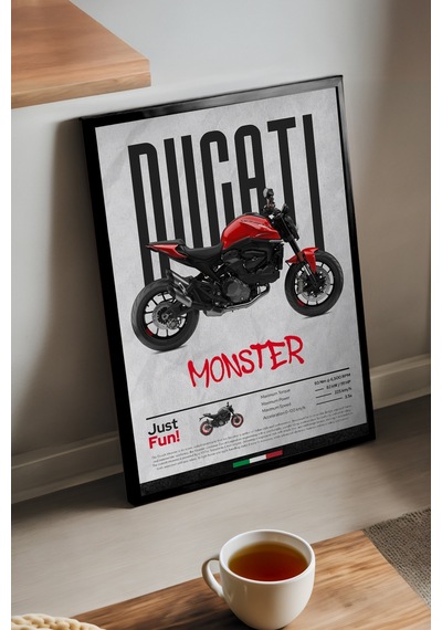 Ducati Monster Siyah Ahşap Çerçeveli Poster, Dekoratif Motosiklet Duvar Tablosu