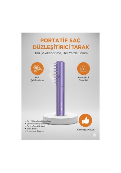 Portatif Şarjlı Saç Düzleştirici Tarak Hızlı Isınma, Seramik Kaplama, Kablosuz Kullanım