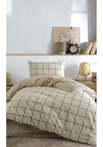 Cozy Home Tek Kişilik Lastikli Çarşaflı Nevresim Takımı Kare Krem