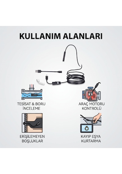 Yılan Kamera 5 Metre - Led Işıklı - Ip67 Su Geçirmez - 3 Farklı Başlıklı