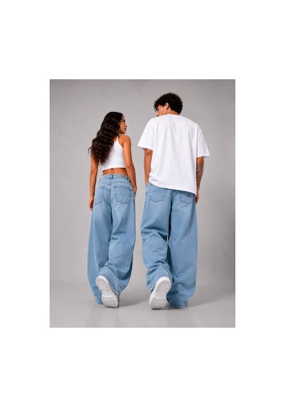 Kar Yıkama Unisex Baggy Jean Pantolon Mavi
