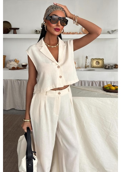 WeShaya Kadın Ekru Kolsuz Polyester Crop Dokuma Takım Ekru