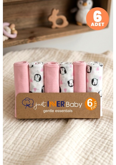 Just Inner Kız Bebek 6'lı Pamuklu Ağız Mendili Penguen Desenli Kutulu Set Nefes Alan Doku 684201 Renkli