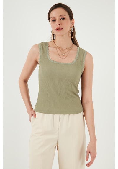 Lela Slim Fit Kalın Askılı Dantelli Kare Yaka Bürümcük Bayan Atlet 5864979 Olive