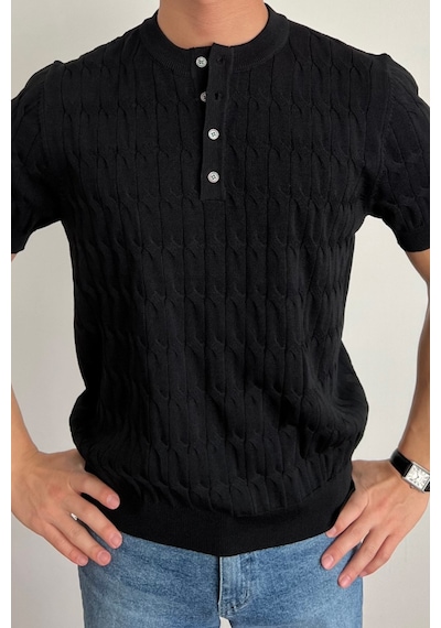 Tarz Cool Erkek Hakim Yaka Düğmeli Slim Fit Triko T-shirt Siyah