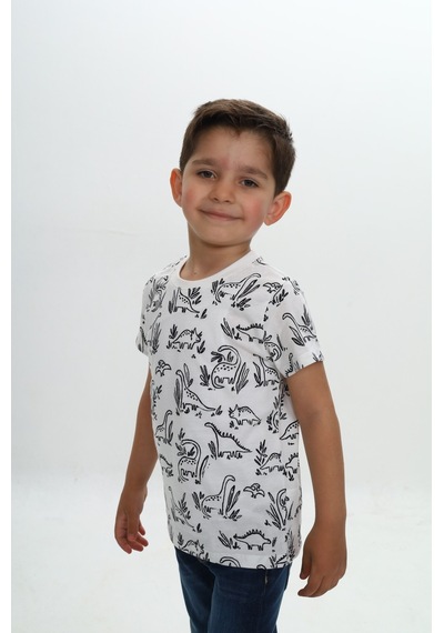 Toontoy Kids Toontoy Erkek Çocuk Komple Dinazor Baskılı Tişört Beyaz