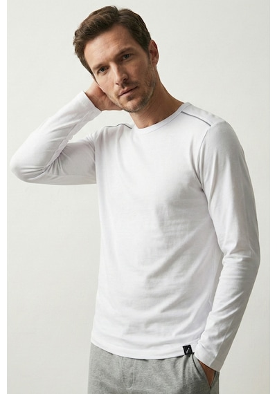 Elemge %100 Pamuk Süprem Uzun Kollu Pijama Üstü Erkek T-shirt Compact Penye Rahat Kalıp Tok Kumaş Beyaz
