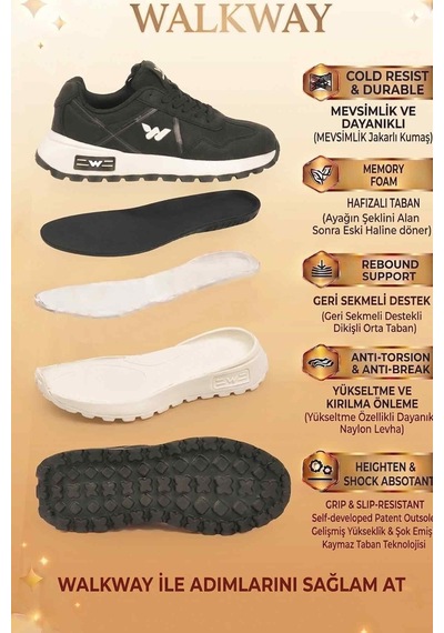 Walkway Siyah Hafızalı Taban Hafif Esnek Unisex Spor Ayakkabı Muveon G Siyah - Beyaz