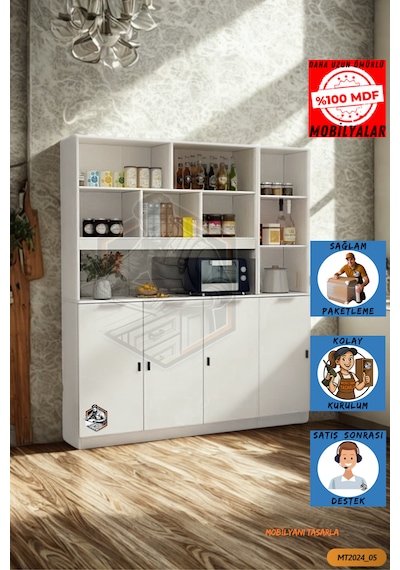 Tamamı Mdf Çok Amaçlı 4 Kapaklı Açık Raflı Kiler Dolabı Mutfak