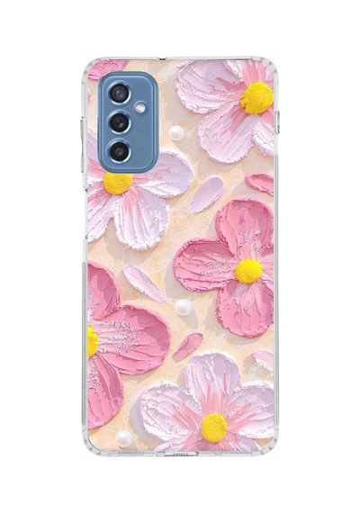 Samsung Galaxy M52 Uyumlu Pembe Beyaz Çiçekler Sulu Boya Baskılı Silikon Kılıf