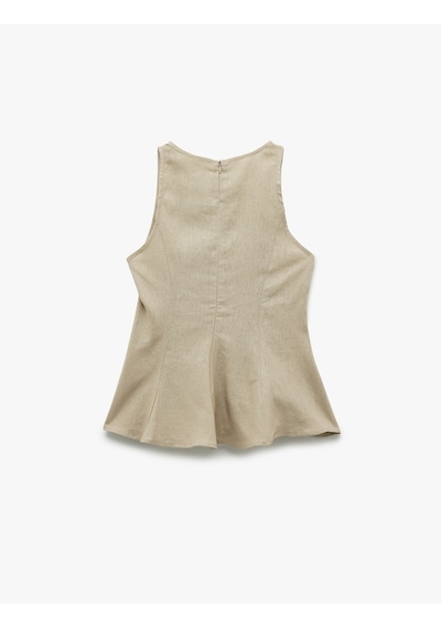 Koton Bol Kalıp Kolsuz Bisiklet Yaka Keten Peplum Bluz Vizon 5sak30132ew Vizon