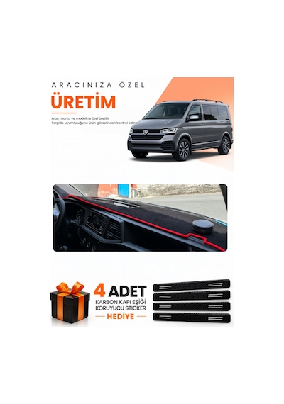 Volkswagen Transporter T7 2021-2024 Uyumlu Torpido Koruma Örtüsü Oto Kılıfı - Siyah Kırmızı