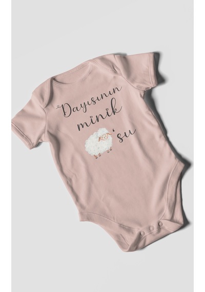Dayısının Minik Kuzusu Baskılı Bebek Zıbını Çıtçıtlı Body %100 Pamuk Kısa Kol Pastel Pembe