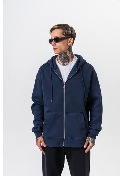 Erkek Respire Yazı Detaylı Kapüşonlu Basic Zip Oversize Hoodie Lacivert