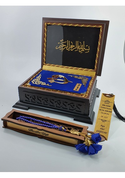 Kişiye Özel Kuranı Kerim Ahşap Kutulu Koyu Mavi Hafız Boy-Sarı Kutu-