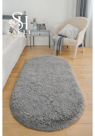 Gri Oval Post Halı Peluş Yumuşak Kaymaz Dot Taban Makinada Yıkanabilir Yolluk Gri