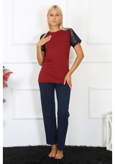 Akbeniz Kadın Kolu Dantelli Penye Pijama Takım 4149 - L Bordo