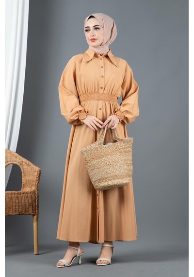 Sevitli Kemer Detaylı Elinna Elbise-camel-1568-camel Camel