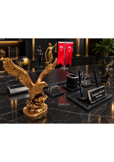 18 Parça Lüks Kartallı Sümen Takımı Atatürk Adalet Heykelli İsimlikli Ofis Masa Seti Ürün Adını Kopyala Gold - Siyah