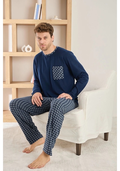 Pijamoni Erkek Bisiklet Yaka Cep Detaylı Lacivert Pijama Takımı Lacivert
