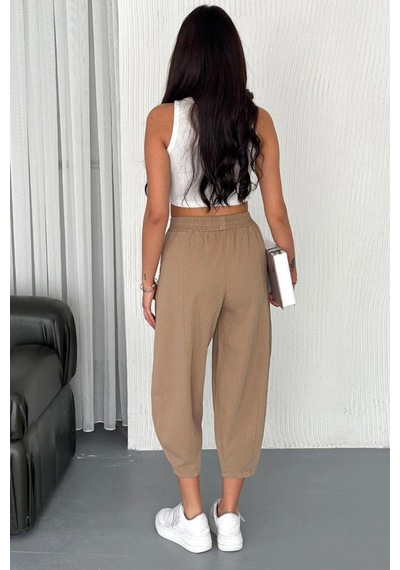 Meine Liebe Unterwäsche Kadın Pamuklu Bel Lastikli Dikiş Detaylı Camel Gabardin Kumaş Pantolon Camel