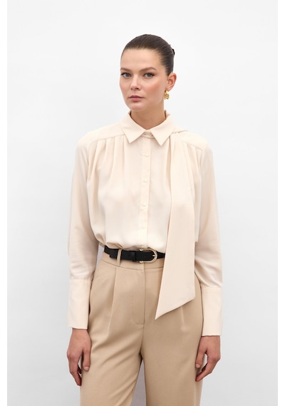 Sateen Fularlı Gömlek - Bej-136900 bej