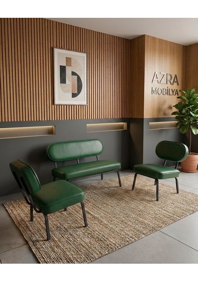Luna 2+1+1 Deri Kumaş Ofis & Büro İş Yeri Bekleme Koltuğu Takımı Siyah Metal İskelet - Yeşil