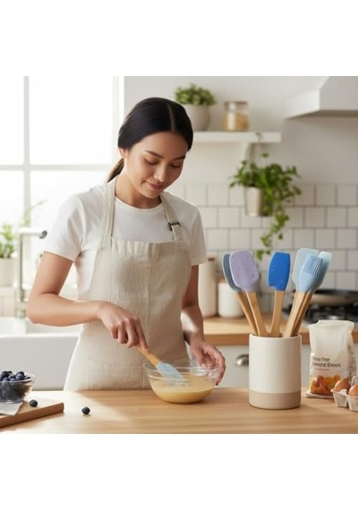 Silikon Kaşık Seti, Bambu Saplı, Mavi Ve Mor Renkli, 5 Parça, Spatula Ve Fırça Dahil 0