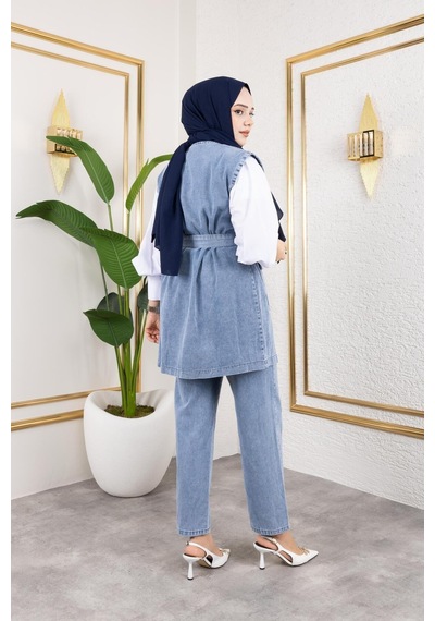 Harman Butik Kadın Boncuk İşlemeli Kuşaklı Yelek-pantolon 2li Takım Mavi Mavi