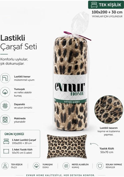 Evnur Home Leoparlı Lastikli Çarşaf Seti Tek Kişilik Çok Renkli