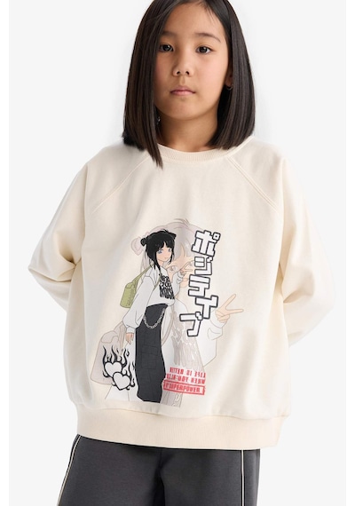 DeFacto Kız Çocuk Relax Fit Bisiklet Yaka Anime Baskılı Sweatshirt D8817A825SPER99 Ekru