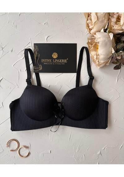 Jennifer Balensiz Push-up Destekli Lazer Kesim Dikişsiz Önden Bağ Siyah