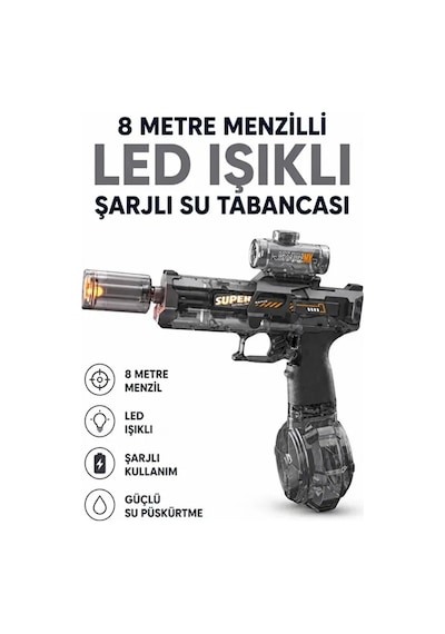 Sarjlı Otomatik Su Tabancası Led Işıklı Geniş Su Hazneli Gerçekçi Geri Tepme Efektli Uzak Menzilli