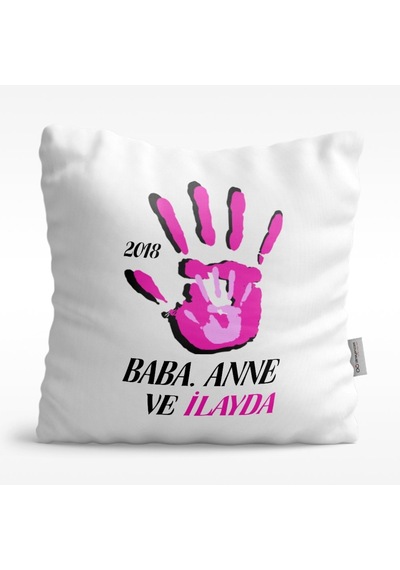 Kişiye Özel Baba Anne Ve Ben Tasarımlı Beyaz Saten Yastık - 1