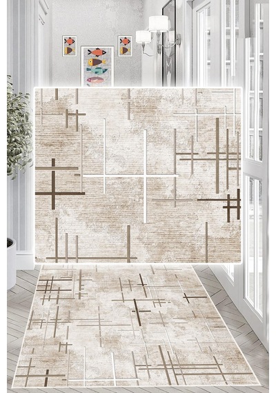 Dijital Baskılı Dekoratif Kaymaz Taban Yıkanabilir Kilim Yolluk Antre Hol Halısı Salon Halısı Bej