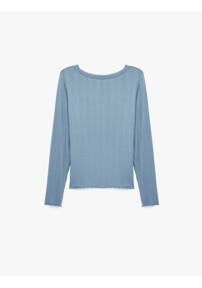 Koton Modal Kumaş Uzun Kollu Bisiklet Yaka Pijama Üstü Mavi 7wlk40068mk