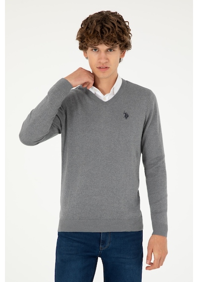 U.S. Polo Assn. Erkek Slim Fit V Yaka Gri Melanj Basic Kazak 50293512-VR086