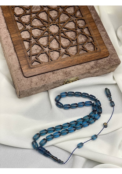 Mehmet Arıcı İmzalı El Boy Kapsül Açık Mavi Ateş Kehribar Tesbih 7x11 Mm