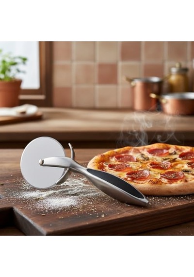 Paslanmaz Çelik Pizza Dilimleyici Ve Kesici - Ergonomik Saplı Profesyonel Hamur Kesme Bıçağı - Parmak Koruyuculu Keskin Döner Bıçak
