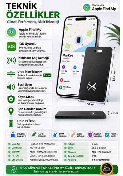 Aircard Find My Destekli Kartlık Takip Cihazı İphone Ve Android Uyumlu Kablosuz Şarj Akıllı Gps Siyah