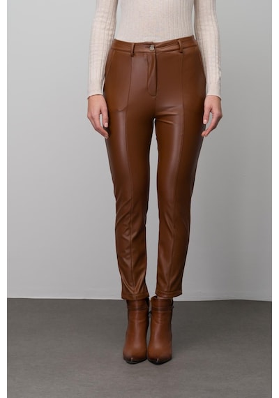 Olcay Deri Görünümlü Dikiş Detaylı Skinny Fit Pantolon Taba 7562