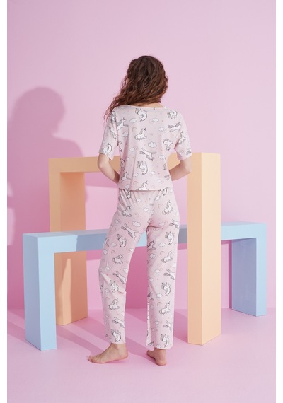 Siyah İnci Likralı Örme Pijama Takım 7803 Pembe Unicorn