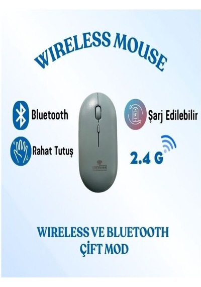 Şarj Edilebilir Kablosuz Mouse Bluetooth + 2.4g Çift Mod -