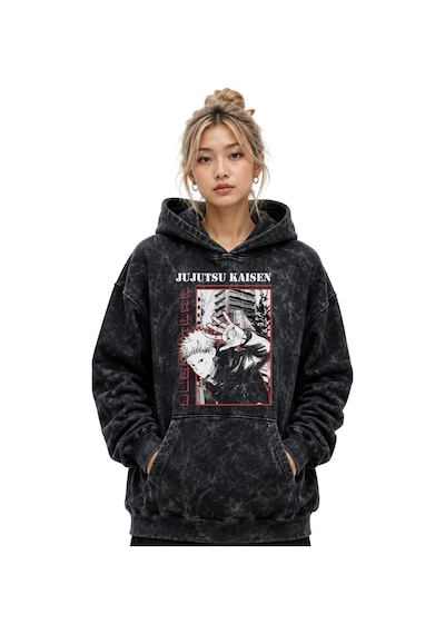Sevbano Jujutsu Kaisen Itadori Yuji Anime Baskılı Unisex Oversize Yıkamal Siyah