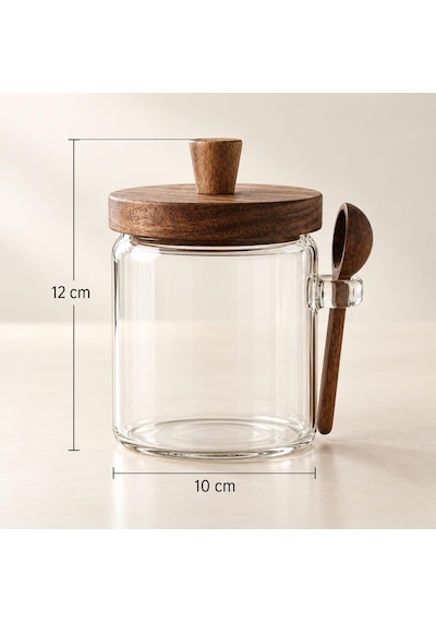 Borosilikat Cam Şekerlik, Ahşap Kapaklı Ve Akasya Kaşıklı Cam Kavanoz, Kaşık Tutuculu, 12 Cm Yükseklik X 10 Cm Çap Diğer