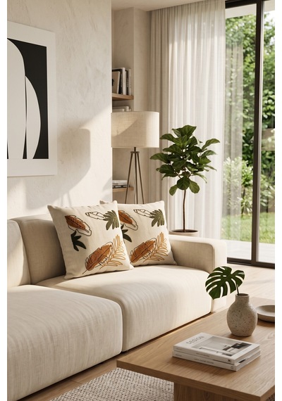 2'li Punch İşlemeli Kırlent Kılıfı Modern Bohem Dekoratif Koltuk Yastık Kılıfı Palmera Palmera