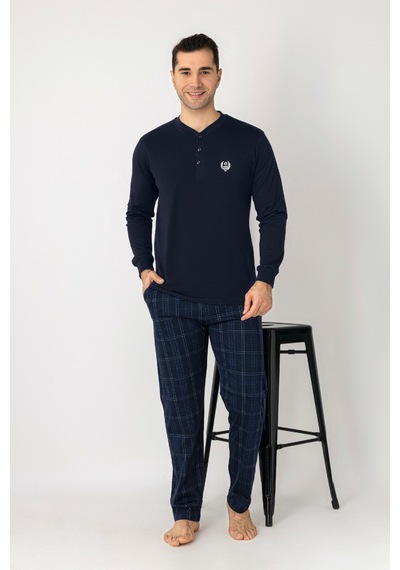 Estiva Erkek Kareli Alt Desenli Lacivert Uzun Kollu Patlı Penye Pijama Takımı Çok renkli