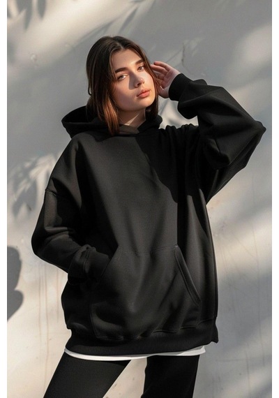 Siyah Kapüşonlu Şardonlu Oversize Cepli Sweatshirt Mg2206