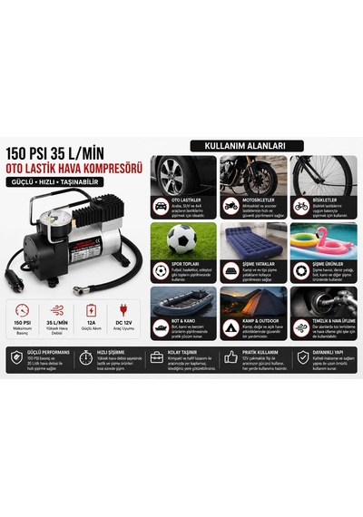 150 Psı 35 L/dk Oto Lastik Hava Kompresörü, 12v Taşınabilir Lastik Şişirme Pompası, Manometreli, Otomobil Motosiklet Bisiklet Ve Top